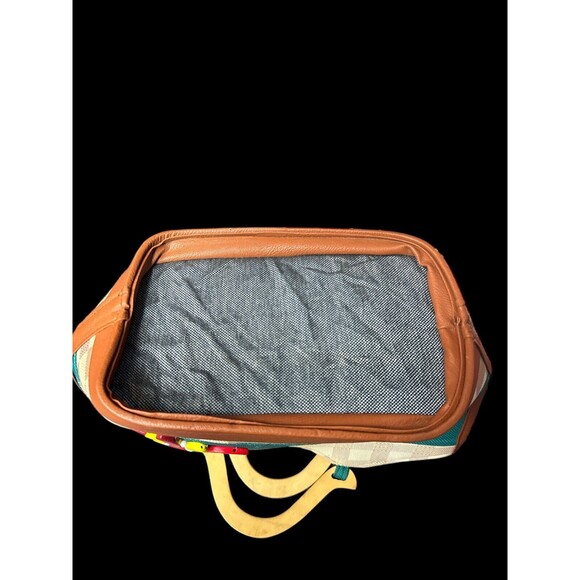 Teal Mixed Media Purse Wooden Handle Beaded Zipper Close Beach Pool Summer Boho - Picture 3 of 3